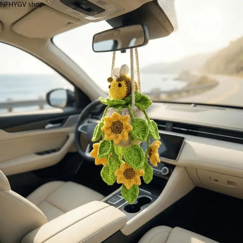 Handcrafted Crocheted Look Yarn Sunflower Bee Hanging Charm In Soft Cottagecore Style, Lightweight Girly Car Rearview Mirror Accessory, Lovely Vehicle Interior Trinket Great Women Decor Gift For Mother’s Day And Christmas Holiday