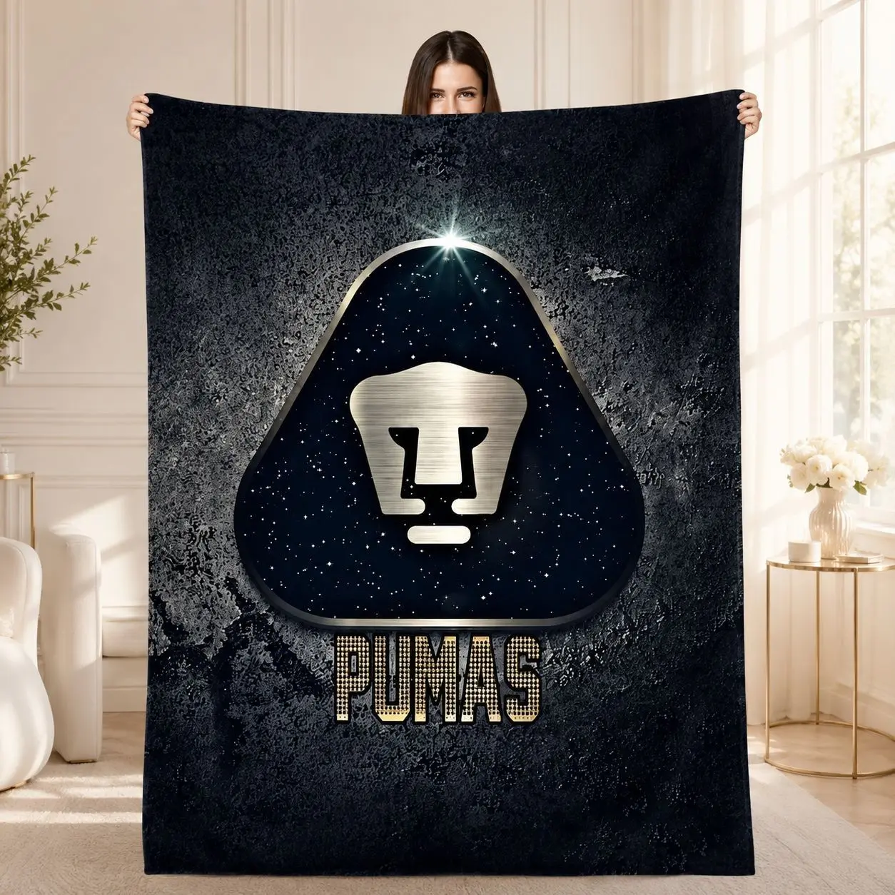 1PC Liga MX Pumas UNAM Starry Sky Metal Logo Print Flannel Blanket, Soft Skin-Friendly Anti-Pilling Machine Washable Lightweight Throw Blanket, All Seasons For Adults Home Sofa Office Nap RV Camping Fan Gift Decor Blanket