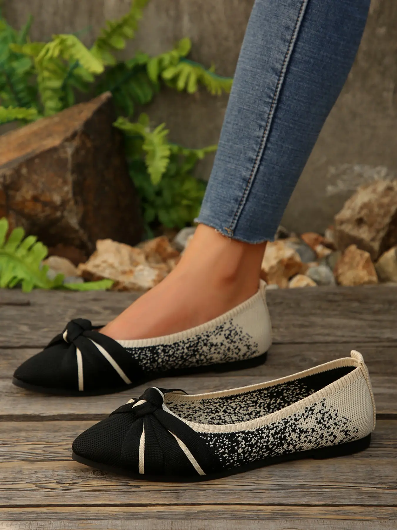 Breathable Flyknit Bow Tie Pointed Toe Flat Shoes Bow Flats for Women, Soft Sole Lightweight Slip-On Beanies, Casual Comfort for All Seasons