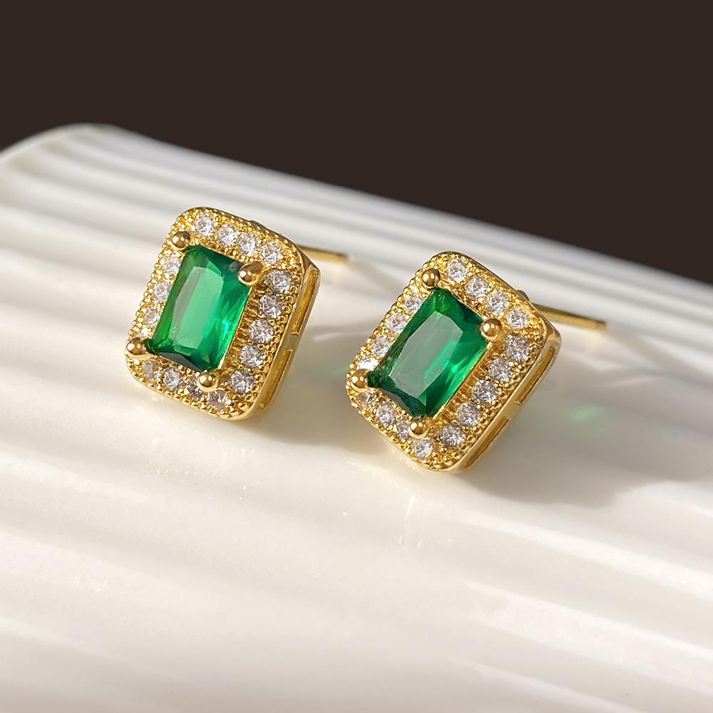 Luxury Golden Green Crystal Stud Earrings for Women, Sparkly Rectangle CZ Halo Earrings, Elegant Gem Look Jewelry, Chic Everyday Party Gift Accessory