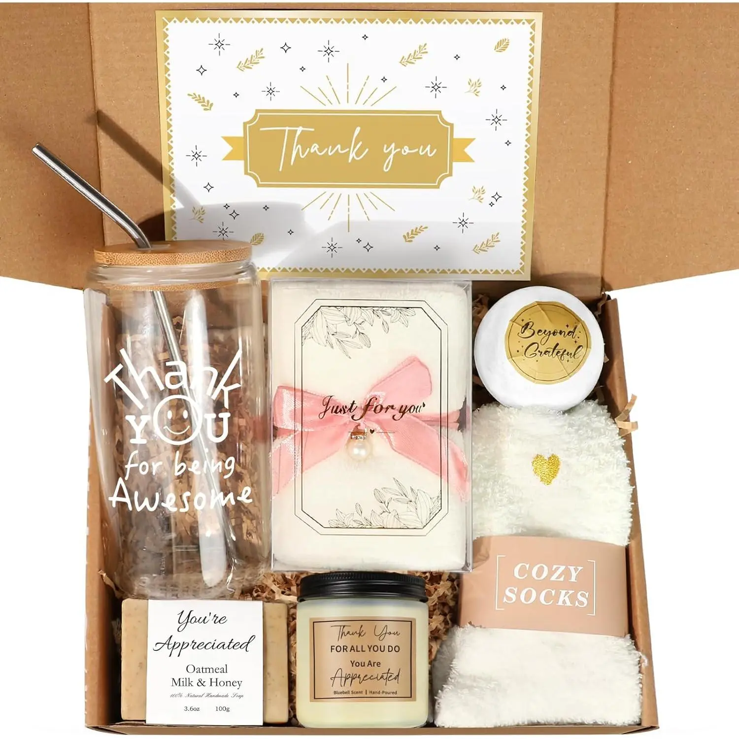 Thank You Gifts for Women, Employee & Teacher Appreciation Gifts Baskets for Women Coworkers Nurse Teacher Secretary Mentor Leader , Thank You  Box with 16oz Being Awesome Glass