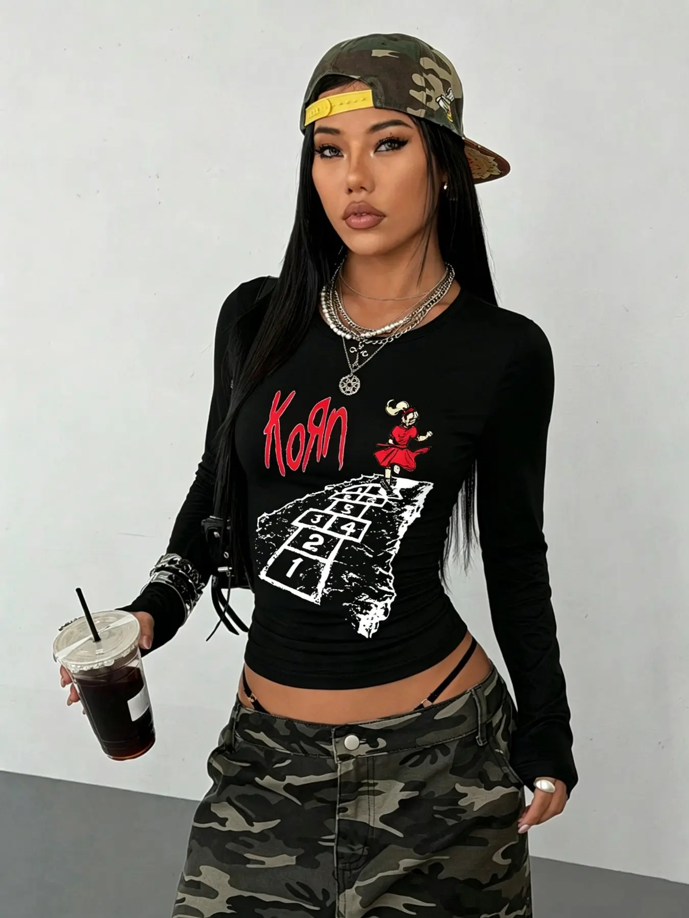 KORN Soft Stretch Jersey Cotton Y2K Mall Goth Alt Grunge Punk Night Out Live Concert Slim Fit Vintage Hopscotch Cartoon Girl Graphic Long Sleeve Crop Top, Casual, Alt Girl Streetwear Going Out Stretchy Band Tee Aesthetic Emo Rock Outfit For Women