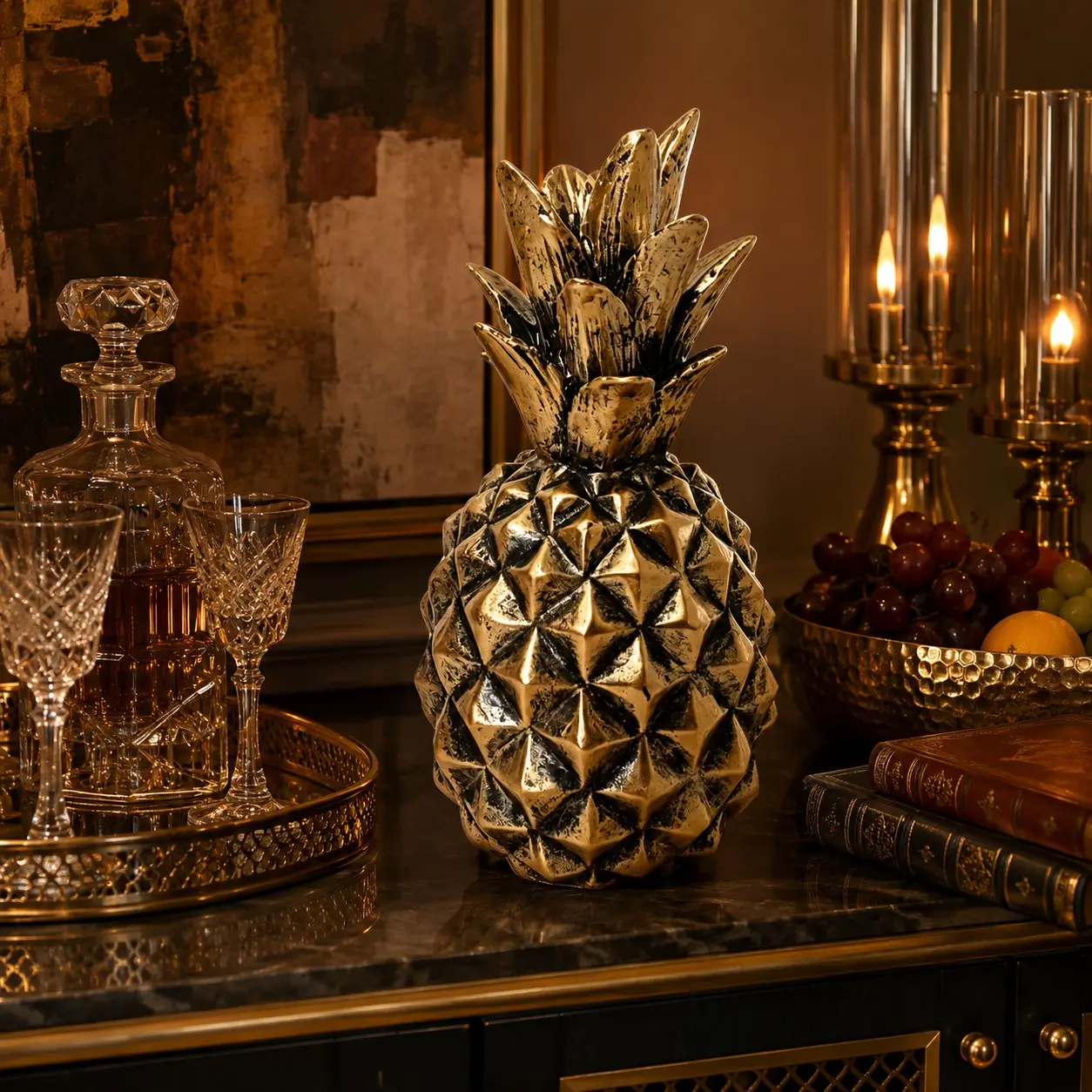 Luxury Vintage Gold Pineapple Ornament, Resin Ornament, Weathered Pineapple Sculpture, Farmhouse Style Living Room Decor, Elegant Home Accents, Living Room Ornaments