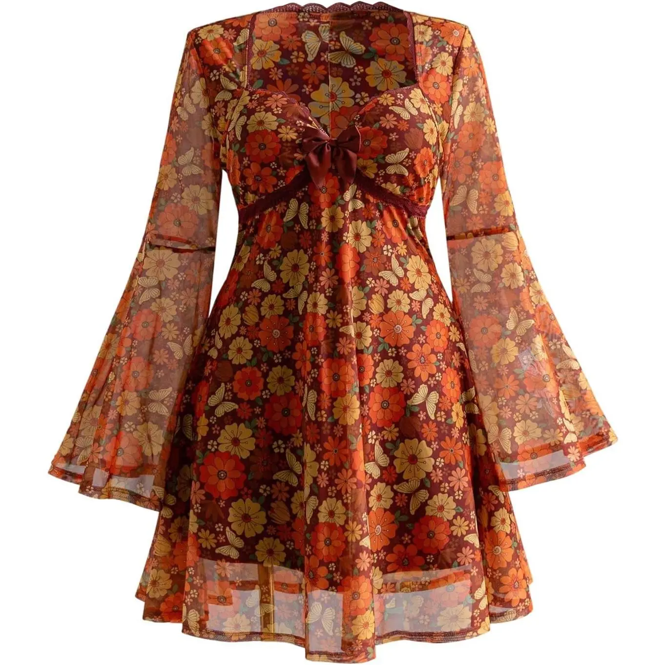 BEAUDRM Women's Y2k Hippie Vintage Boho Dress Leopard Bell Long Sleeve V Neck Bow Mesh Goth Mini Dresses