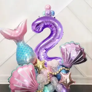 33pcs Mermaid Balloon Number Set, Aluminum Foil Balloons, Mermaid Theme Shell, Kids Birthday Party Decor, Anniversary Celebration