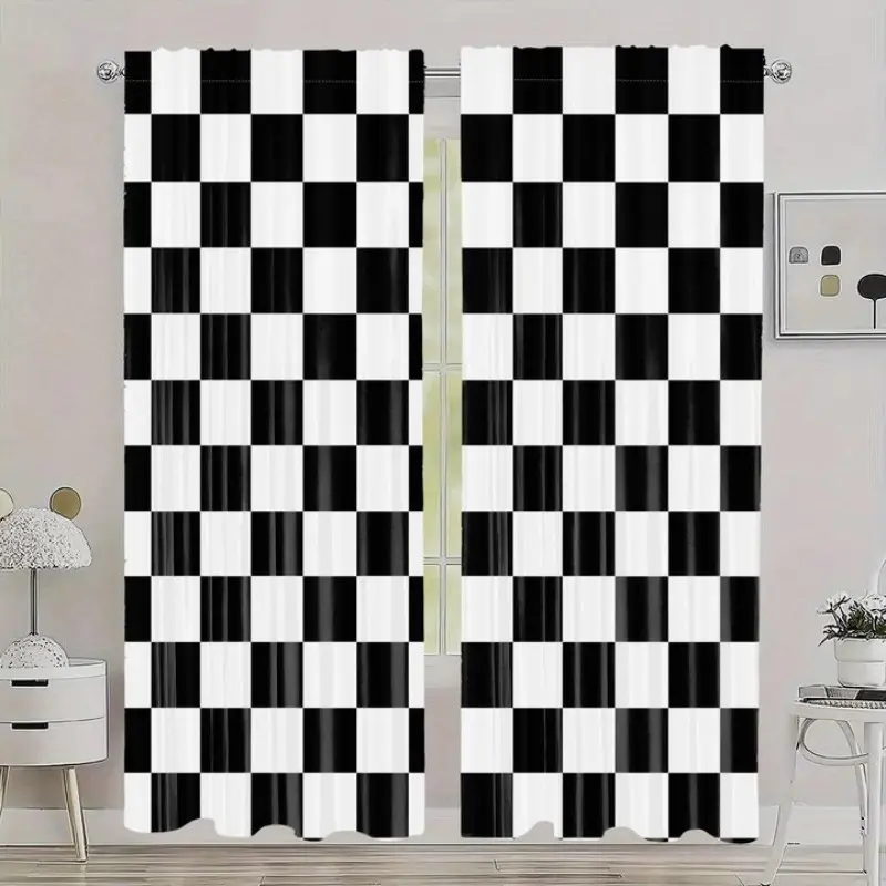 2 Panels Checkerboard Checkered Curtains, Classic Buffalo Plaid Window Drapes, Retro Grid Pattern Print, Light‑Filtering Polyester Curtain for Bedroom Living Room Home Decor