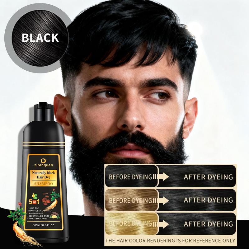 Mens Natural Black Hair & Beard Dye, Ammonia-Free with He Shou Wu | 15-Min Instant Gray Coverage (100% Even Tone) | Permanent Color Safe for Treated Hair, Non-Irritating for Facial Skin | 500ml Kit with Brush, At Home Use for Hair & Mustache