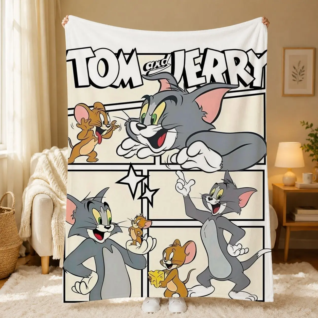 Tom and Jerry Flannel Fleece Blanket, Soft Cozy Cartoon Comic Panel Throw for Couch Bed Sofa, Classic Cat and Mouse Bedroom Dorm Room Decor, Movie Night Nap Travel Blanket, Birthday Holiday Gift for Kids Teens Adults and Cartoon Fans, Cute Home Decor