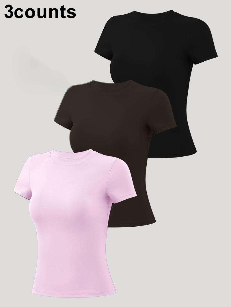 5 Counts Women's Patchwork High Elastic Soft and Comfortable Round Neck Flat Shoulder Short Sleeve Yoga Clothes Four Seasons Outdoor Running Cycling Mountain Walking Shopping Home Fashion T-shirt  Gym sports training versatile short sleeve