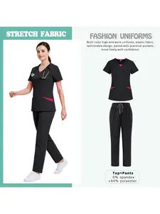 Elastane and Polyester Twill Fabric Doctor's Overalls Two-piece Set Multifunctional Beauty Salon Women's Uniform Multi-color Optional Short-sleeved Trousers Uniform