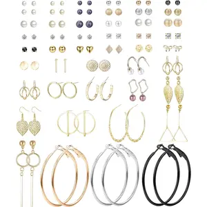 Women's 48-Pair Assorted Costume Earrings Set - Mixed Gold and Silver, Piercing Studs, Stud Embellishments, Simple Cute Big Hoops, Dangles, Mixed Gold And Silver Earrings, Piercing Stud Earrings