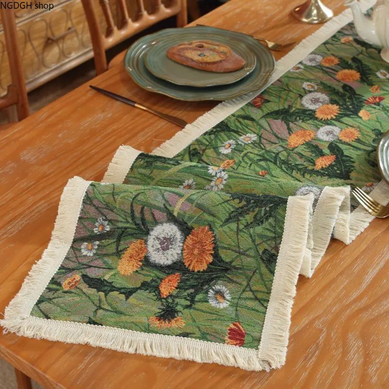 Floral Table Runner - Woven Tapestry Fringe Runner for Dining Table, Rustic Dandelion Bird Sunflower Farmhouse Kitchen Decor