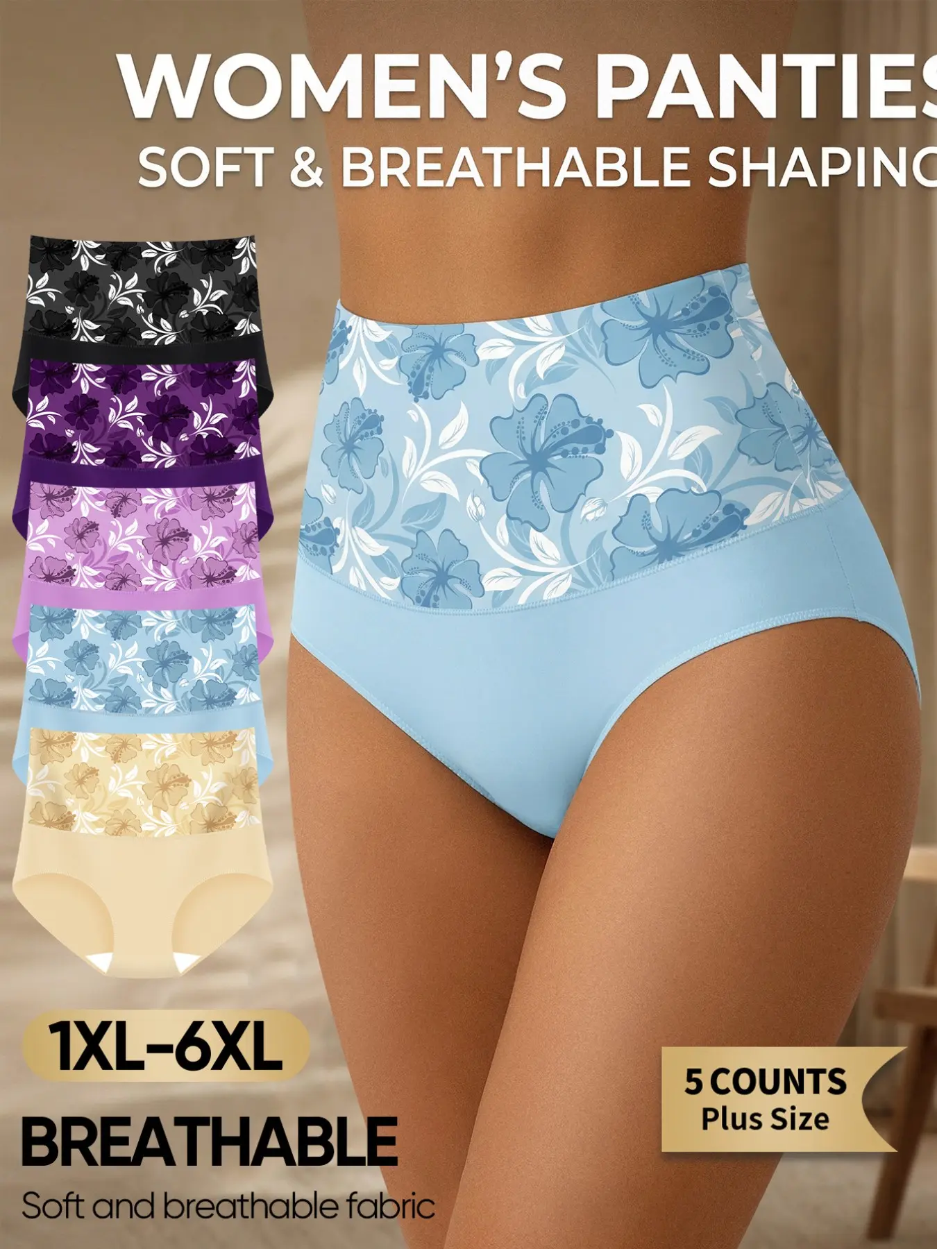 5-Pack Morelect Plus Size Retro Floral High-Waist Women's Underwear, Casual Comfy High Waisted Panties, Soft Breathable Comfortable Triangle Panties, Sizes 1xl-6xl, Multi-Color Print