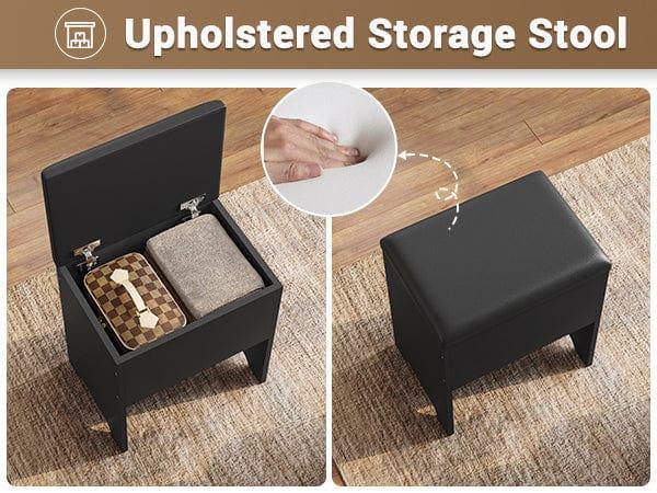 Corner Makeup Vanity Set with Upholstered Storage Stool Black Corner Makeup Vanity Set with Upholstered Storage Stool Black