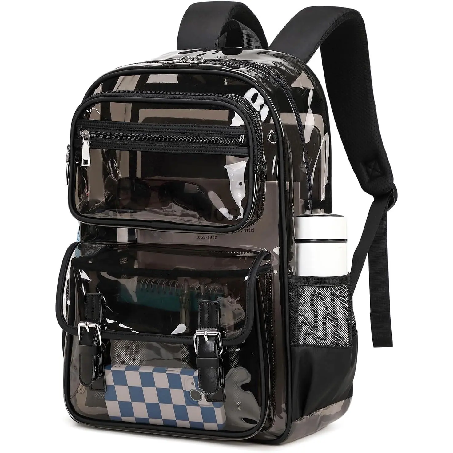 Large Clear Backpack Transparent Heavy Duty School PVC Bookbag See Through Bag Boys and Girls for College Work Travel , Black