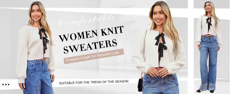 Saodimallsu Womens Cropped Cable Knit Cardigan Sweaters Long Sleeve Bow Tie Front Crew Neck Chunky Sweater Tops
