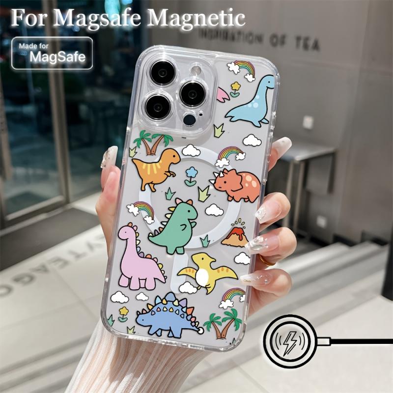 Cute Cartoon Dinosaur Pattern Phone Case Suitable for iPhone17 16 15 14 13 12 11  Transparent Magnetic Shockproof Soft TPU Back Cover, Phone Protection, Magnetic Attachment, Playful Design, Stylish Cover, Flexible Cover, Durable Material