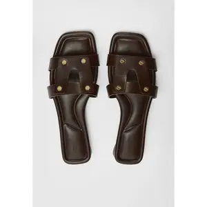 JUST FAB Women's Square Toe Leather Slide Sandals, Gold Studded Flat Slip-On Sandals, Casual Summer Brown Sandals for Daily Wear