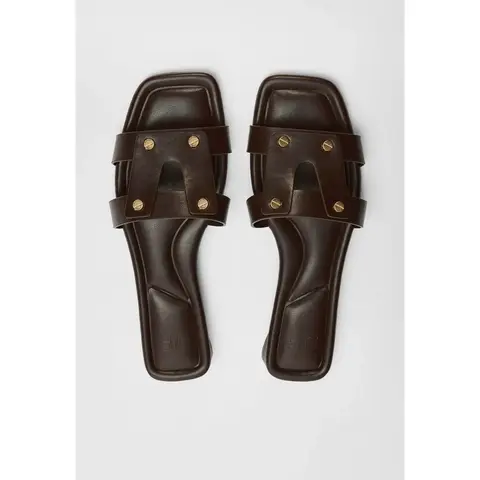 JUSTFAB Women's Elegant Square-Toe Leather Slides, Gold-Studded 0.5"-Low-Profile Flat Slip-Ons, Brown Daily Fashion Footwear, Walking Shoes for Dressed-Up Occasions & Summer Use
