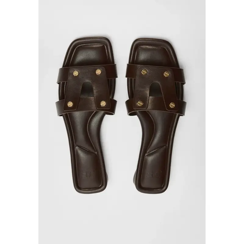 JUSTFAB Women's Elegant Square-Toe Leather Slides, Gold-Studded 0.5"-Low-Profile Flat Slip-Ons, Brown Daily Fashion Footwear, Walking Shoes for Dressed-Up Occasions & Summer Use