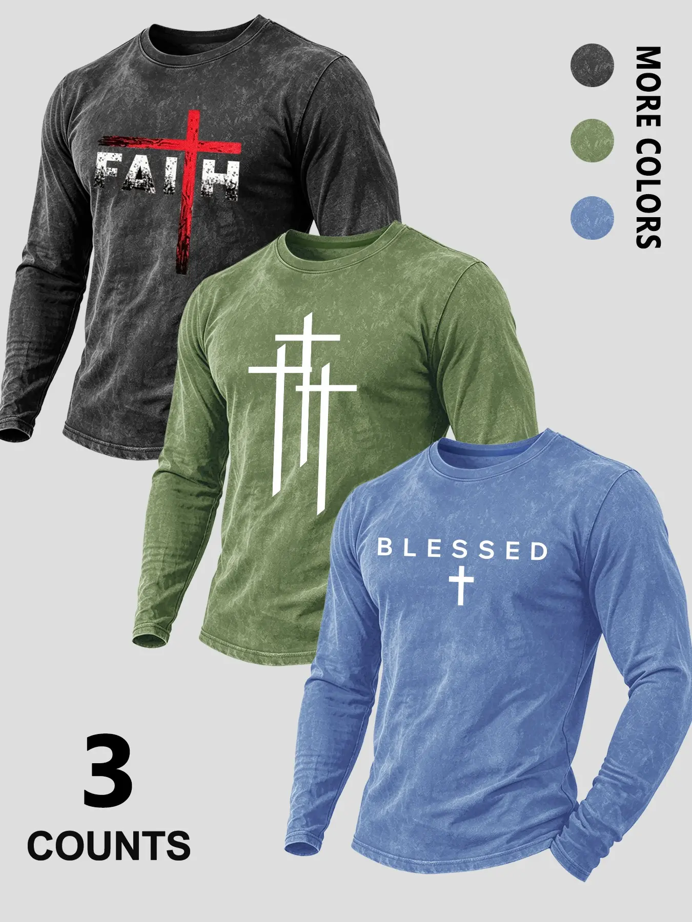 Men's Long Sleeve T-Shirt Set, Round Neck, Cross Print, Vintage Snowflake Effect, Casual Streetwear, Spring & Fall, Church Outing, Daily Wear#ChurchWearFaithTextVintageTop #ChristianCrossSymbolStreetwearShirt#CrossFaithGraphicLongSleeve#trendinglongsleeve