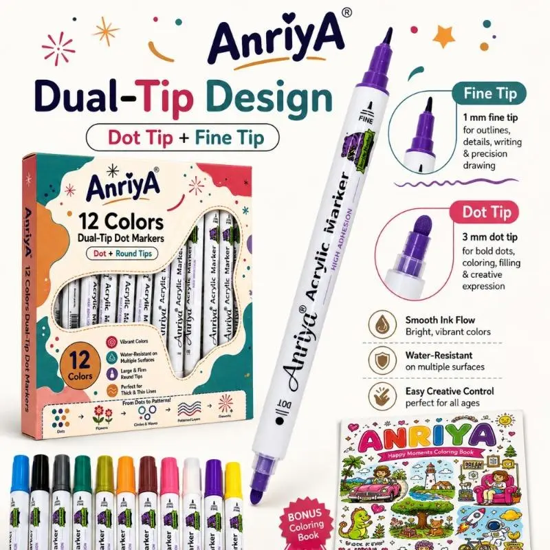 Back to school shopping-ANRIYA 12 Color Double Ended with Dot Art Marker Set, 2-in-1 Round Dot & Liner Drawing Pens Free Bonus Doodle Coloring Book, Smooth Markers for Coloring, Outlining, Journaling, Scrapbooking and DIY Handicrafts