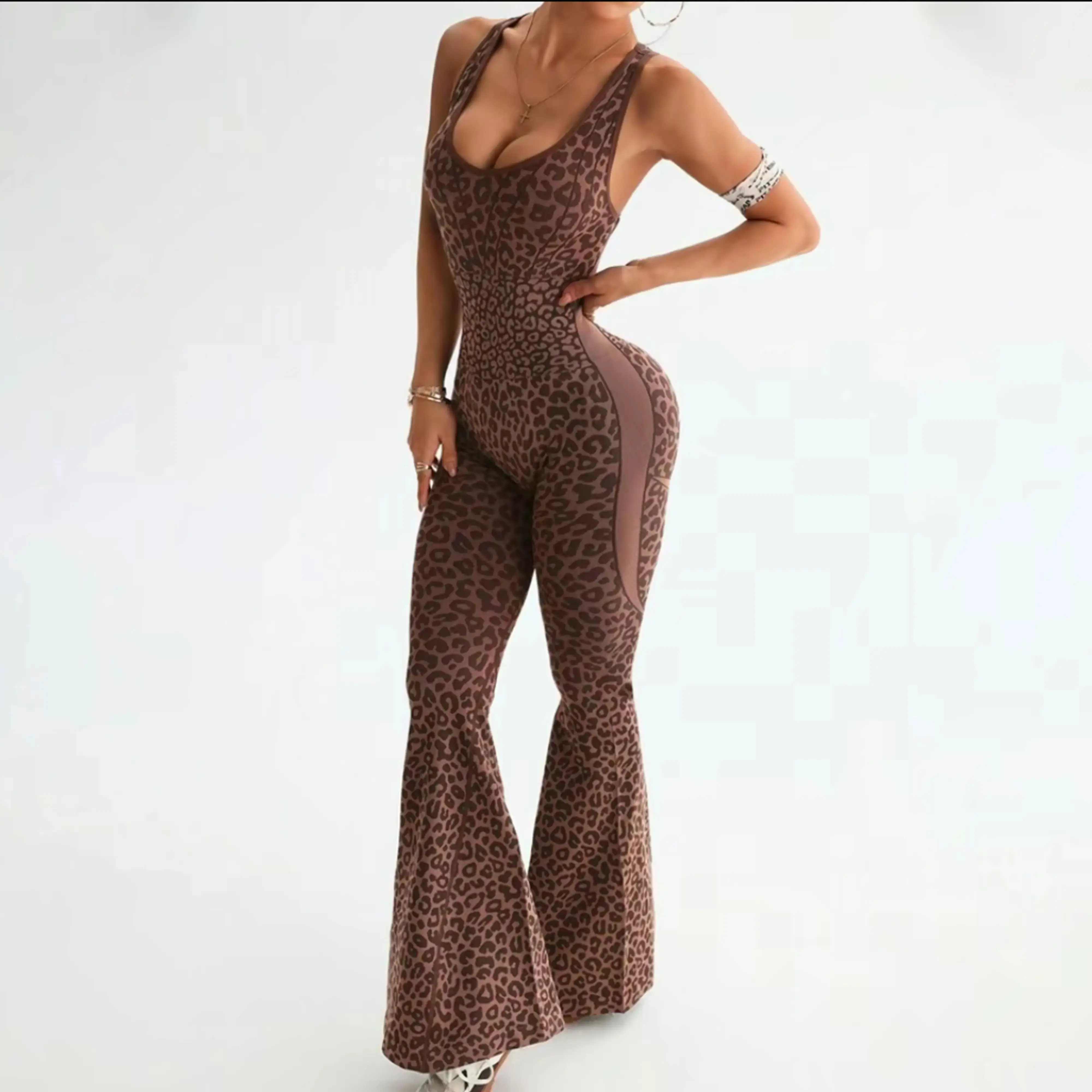 Women's Leopard Print Flared Workout Bodysuit - Girly Clothing Bodysuits, Sexy Hollow Cross-Twisted Back, Backless High-Waisted, Bodycon Flare Leg, Fitness Yoga Activewear
