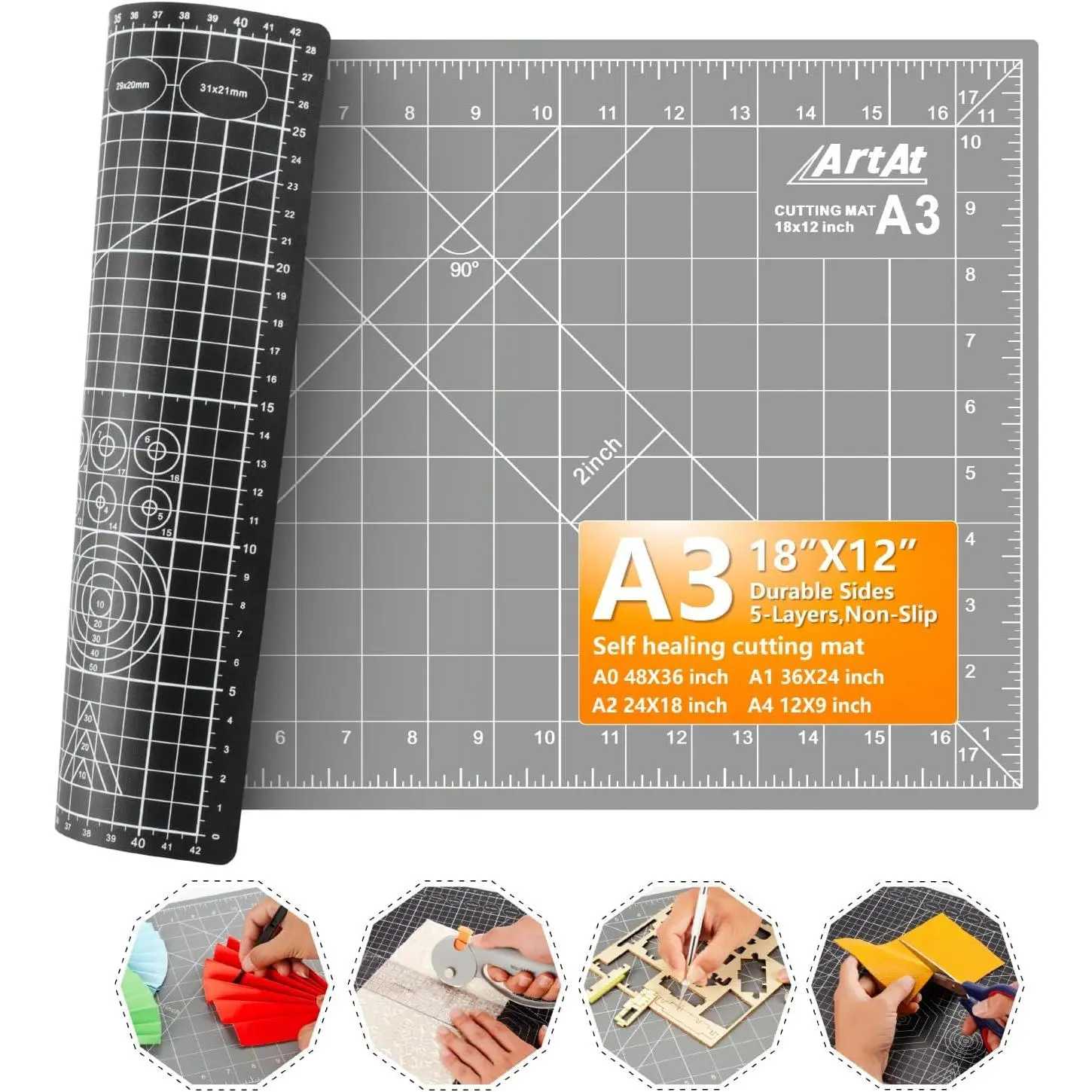 ArtAt Self Healing Cutting Mat: 12″x 18″ Black-Gray Eco-Craft Cutting Mat - 5-Layer Durable Anti-Blade-Wear Material for All Your Crafting Needs