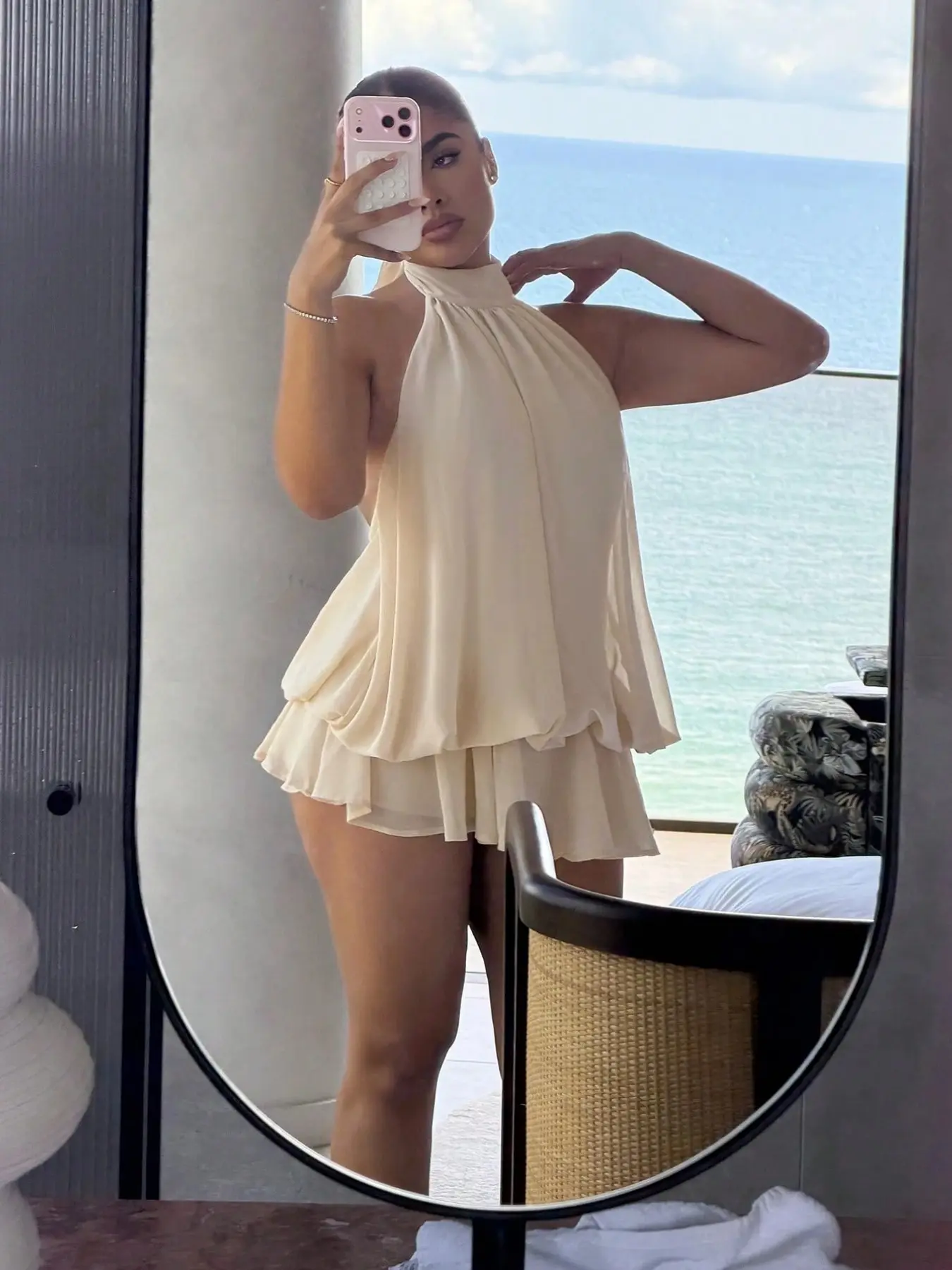Women Halter Two Piece Outfits, Loose Flowy Ruffle Layered Shorts Set, Sleeveless Backless High Neck, Lightweight Chiffon Bohemian Style, for Beach Vacation Party Daily Wear, amara tops