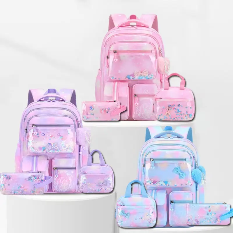 Kids' Polyester 3-Piece Cute Backpack Set - Childrens Bag, 180-Degree Refrigerator Door Design, Adorable Bow Pattern, Large Capacity Shoulder Bag, Gradient Color Princess Style, Back-to-School Gift, Polyester Edit, Set Pack