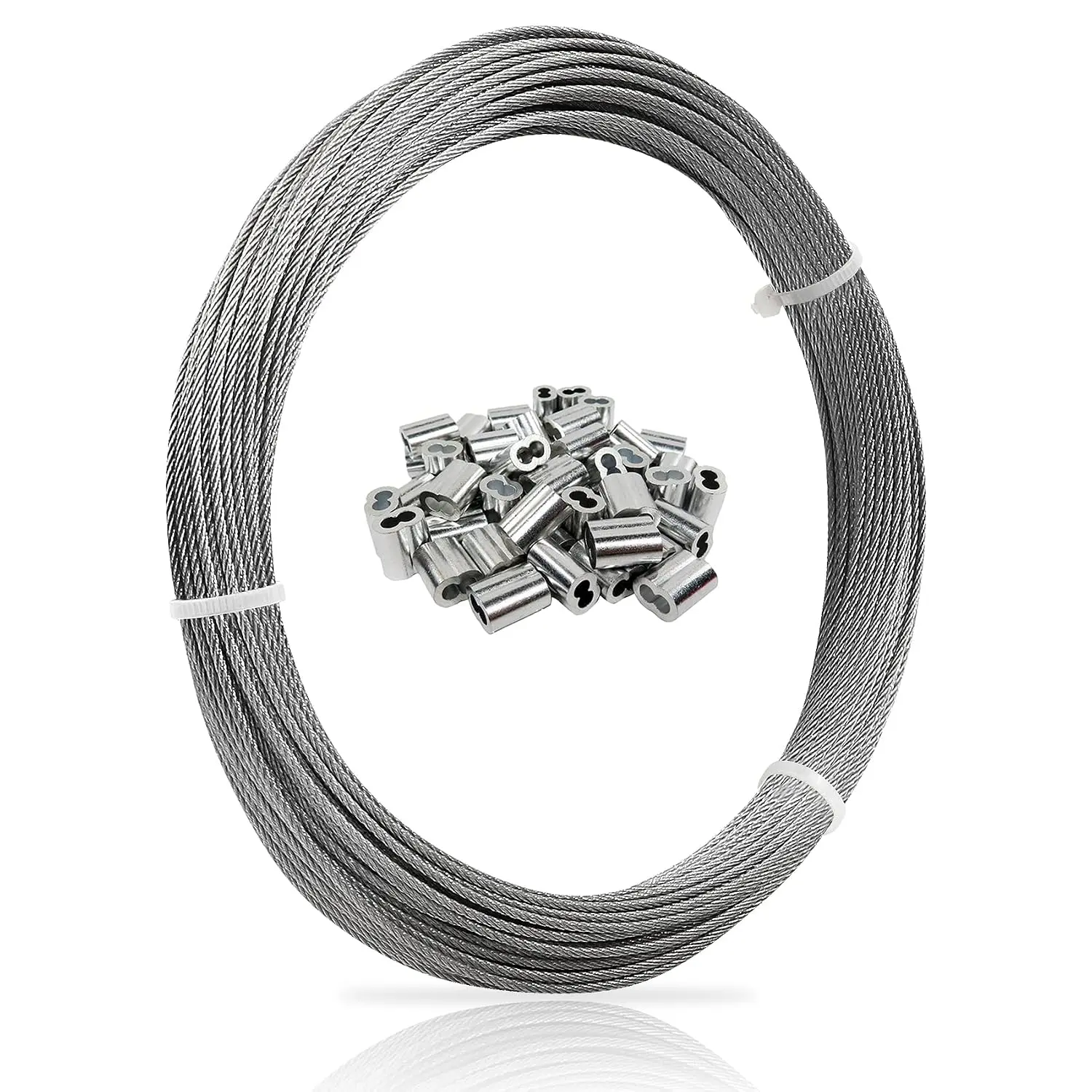 1/16 Wire Rope, 100FT 304 Stainless Steel  with 50 count Crimp Sleeves, Aircraft Grade, 7x7 Strand, 368lbs Breaking Strength, for Garden Trellis, Clothesline, Railing,Trellis