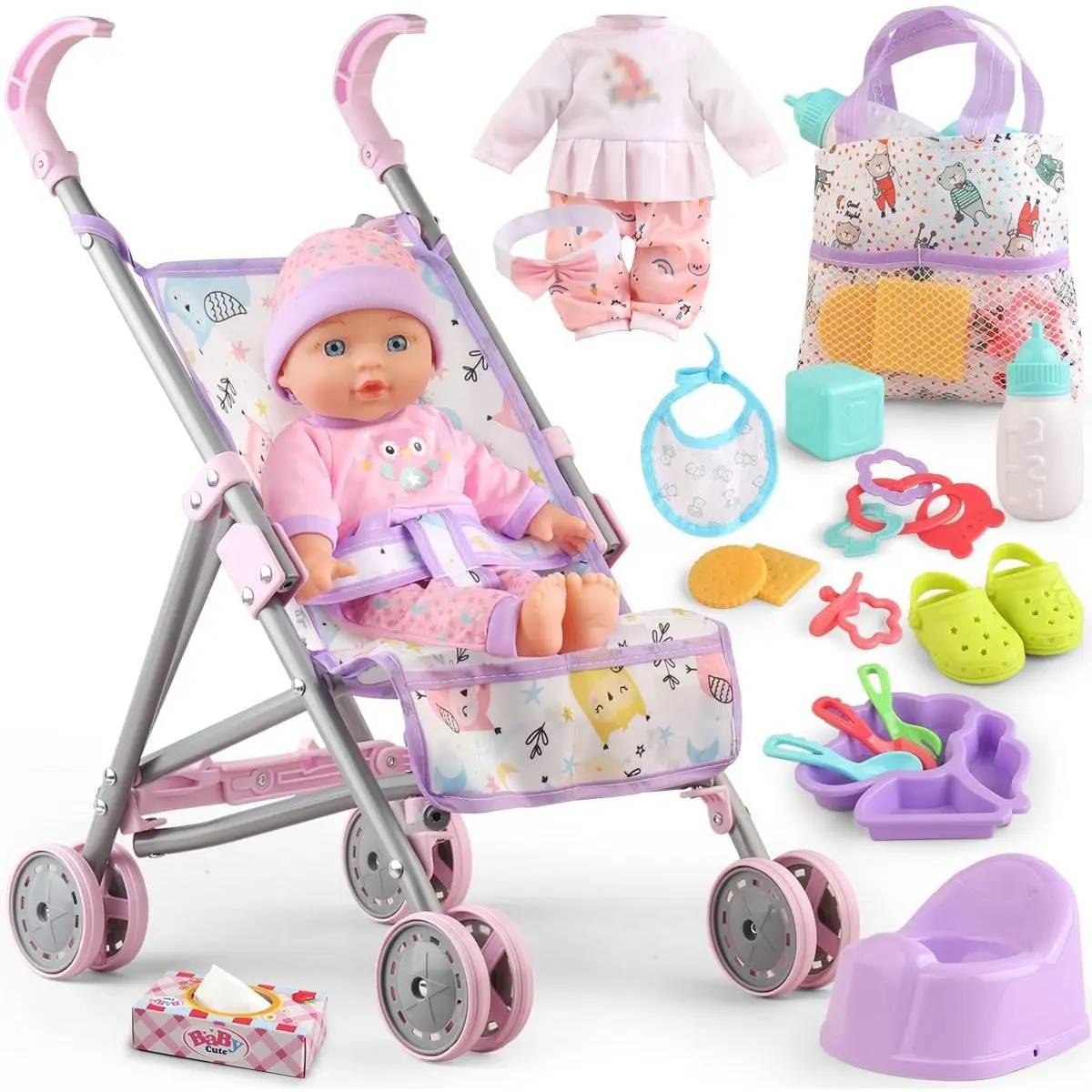 Baby Doll with Stroller Set for Realistic Pretend Play for 3 4 5 6 7 Year Old Toddler Girls Gifts. Baby Stroller Toys includes 12.5-inch Baby Dolls, 2 sets Doll Clothes and 17 PCS Doll Accessories