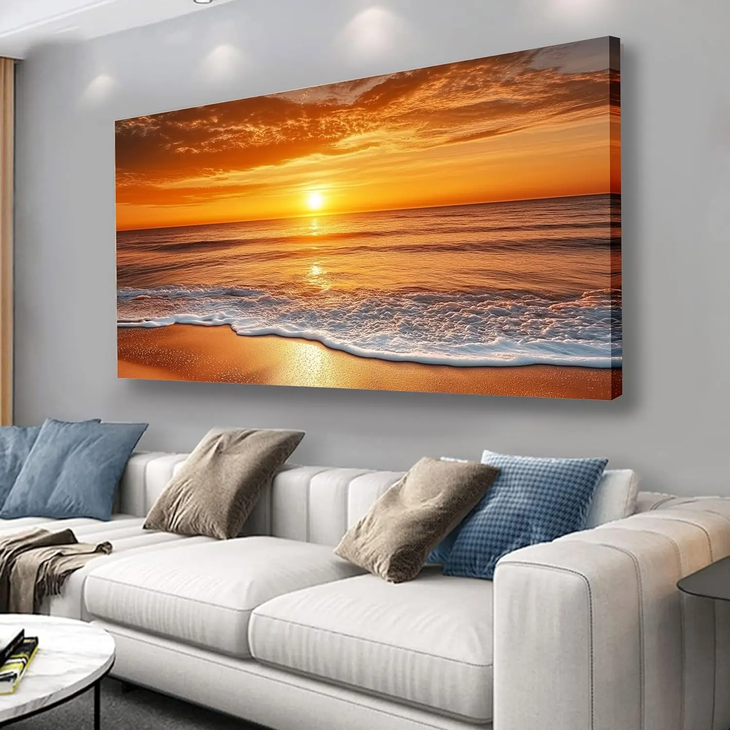 30x60in Large Retro Wood Framed Beach Canvas Wall Art - Modern Funky Minimalist Landscape Poster Prints with Bold Graphic Elements - Home Decor for Living Room, Bedroom - Ideal Gift for Office, Frames, Artwork