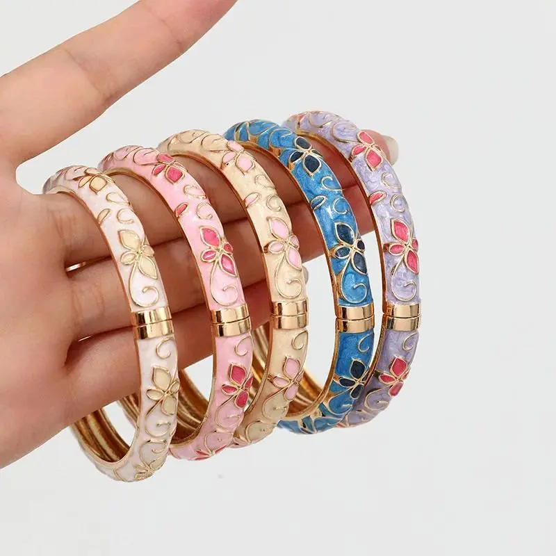 Vintage Floral Enamel Bangle Bracelet for Women, Colorful Open Cuff Bangle Shape Jewelry for Daily Use Gifting, Enamel Metal, Female Wear, Floral Motif