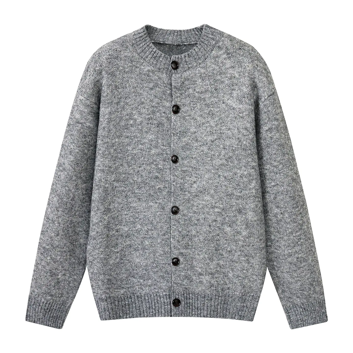 Unisex Light Gray Knit Cardigan Sweater, Crew Neck Button Front, Relaxed Fit Long Sleeve Layering Top with Ribbed Cuffs and Hem, Heathered Gray Casual Sweater for Fall and Winter Outfits, Everyday Office and Weekend Wear, 6-Button Design, Sizes M-3XL