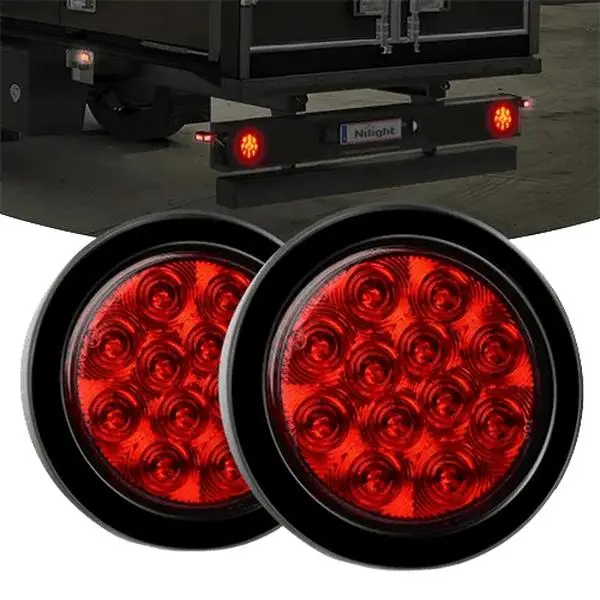Nilight 4-in Red Round LED Tail Lights (Pair, 12 LEDs) - 2inch Depth, 4.3inch Diameter, Waterproof, Long-Lasting Silicone LED Lights for Travel Trailers, Horse Trailers