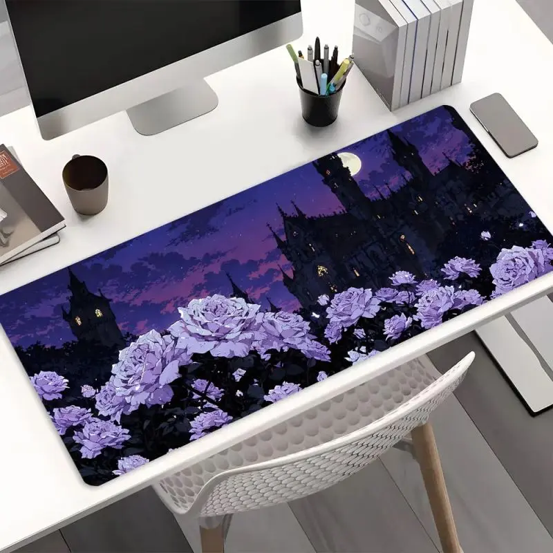 Gothic Castle Moonlit Night Printed Purple Roses Large Non-Slip Rubber Mouse Pad - Office Gaming Desk Mat, Alternative Girls Gothic Decor Gift, Back to School Office Accessories