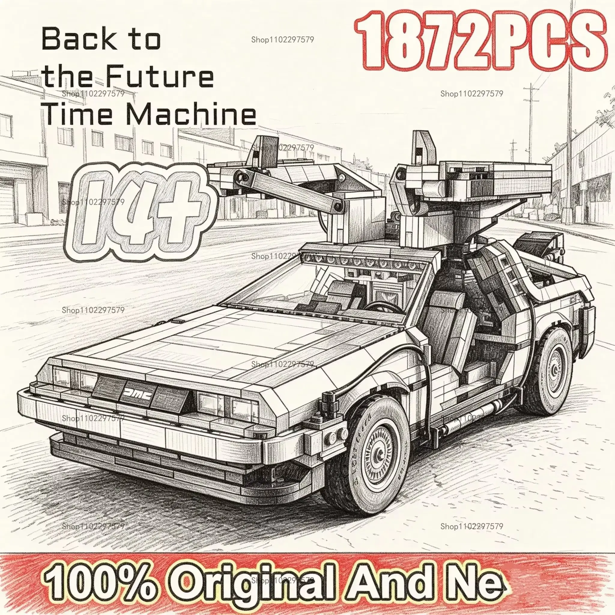2026 new item in stock 1:8 Back to the Future Time Machine Building Blocks 1872PCS/PZS Retro Science Fiction Sports Car Assembly Future Time Travel High Detail Car Model, Desktop Decoration DIY Handmade Puzzle Assembly Toy Christmas and Birthday Set