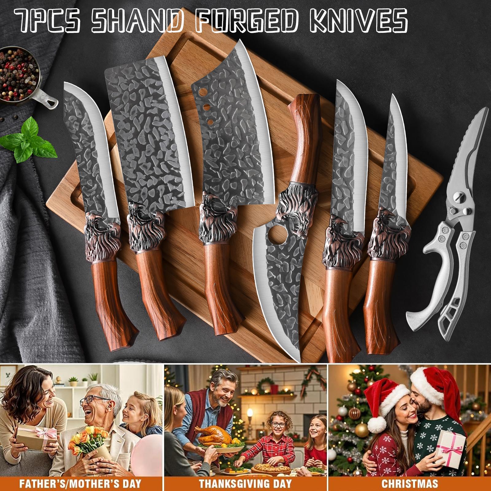 Professional Chef Knife Set - Handcrafted with Ergonomic Handle and Hammer-Finish Blade - Super Sharp Bone Cutting Knife, Butcher Knife, Fish Knife, Bread Knife, Hatchet, Kitchen Scissors - Perfect for Home Use, Mother's Gift Meat Dragon 7Pcs Professional Chef Knife Set - Handcrafted with Ergonomic Handle and Hammer-Finish Blade - Super Sharp Bone Cutting Knife, Butcher Knife, Fish Knife, Bread Knife, Hatchet, Kitchen Scissors - Perfect for Home Use, Mother's Gift Meat Dragon 7Pcs