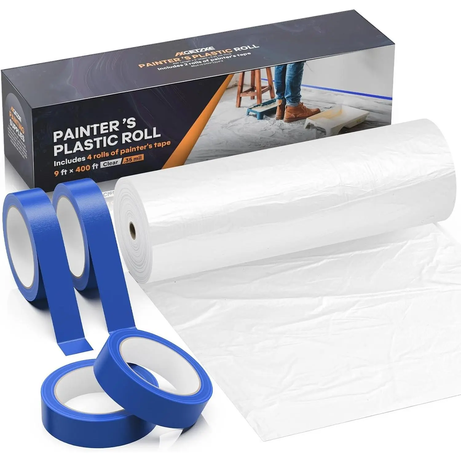 Plastic Drop Cloths, 400' Length x 9' Width Painter's Plastic Film with 4 Rolls Painter's Tape - Disposable Painter's Sheeting & Tarps for Painting,  Furniture/Couch/Floor Protection