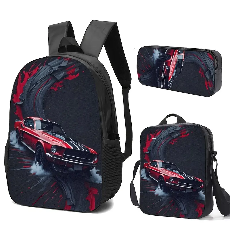 Classic Muscle Car Print Backpack, Pencil Case & Lunch Bag Set; Durable, Vivid Print, Adjustable Straps, Spacious for Daily Use or Travel.