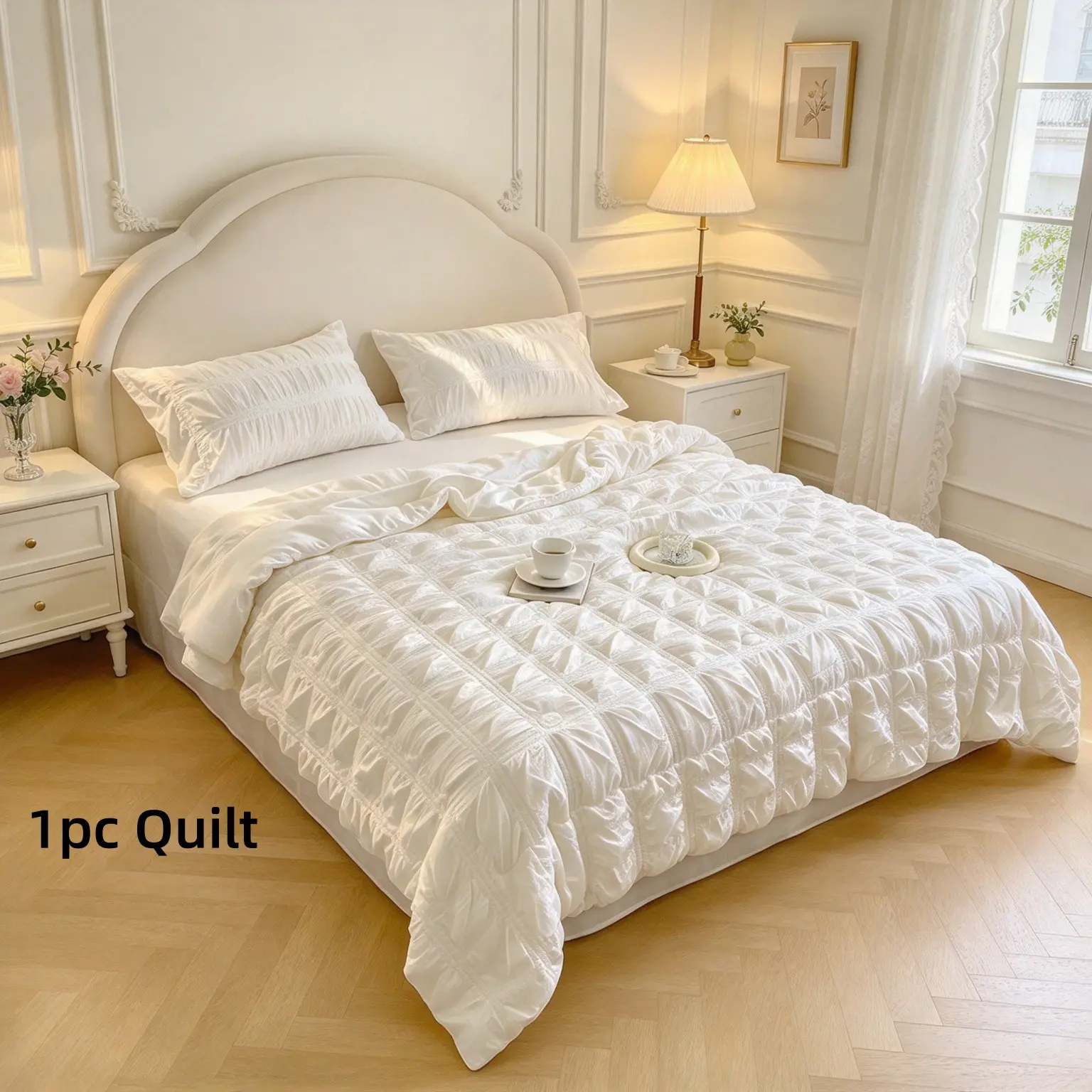 1pc Bubble Mesh Cooling Summer Quilt, Cream Wind Healing Bedding, Japanese Simple Bedroom Air Conditioning Blanket, Soft Breathable Quilt