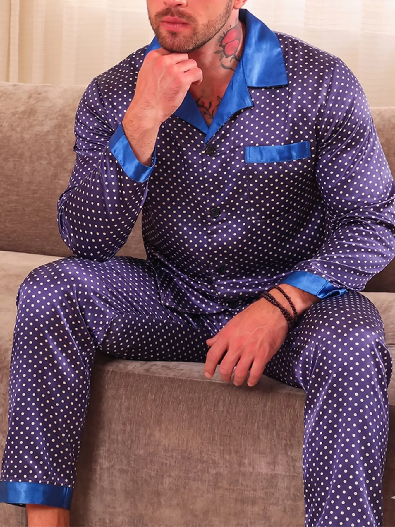 Men's All-Season Pajama Set, Long Sleeve Button-Up Shirt and Pants, Polka Dot Print, Comfortable Sleepwear and Loungewear for Spring and Fall