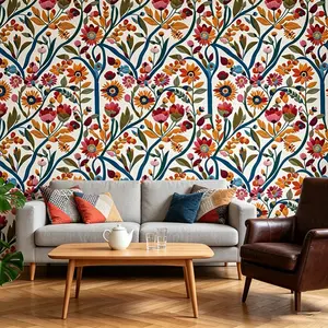 Bohemian Colorful Sunflower Floral Wallpaper, Peel and Stick, Vintage Art Nouveau, Bedroom Living Room Decor, Mould-Proof, 1 Roll