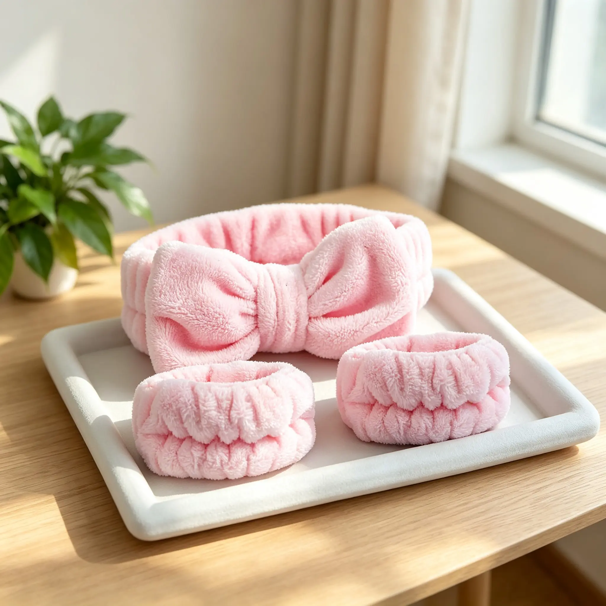 Soft Coral Fleece Bow Headband and Wristband Set, Hairbands, Comfortable Hair Accessory for Girls, Ideal for Skincare, Shower, and Makeup