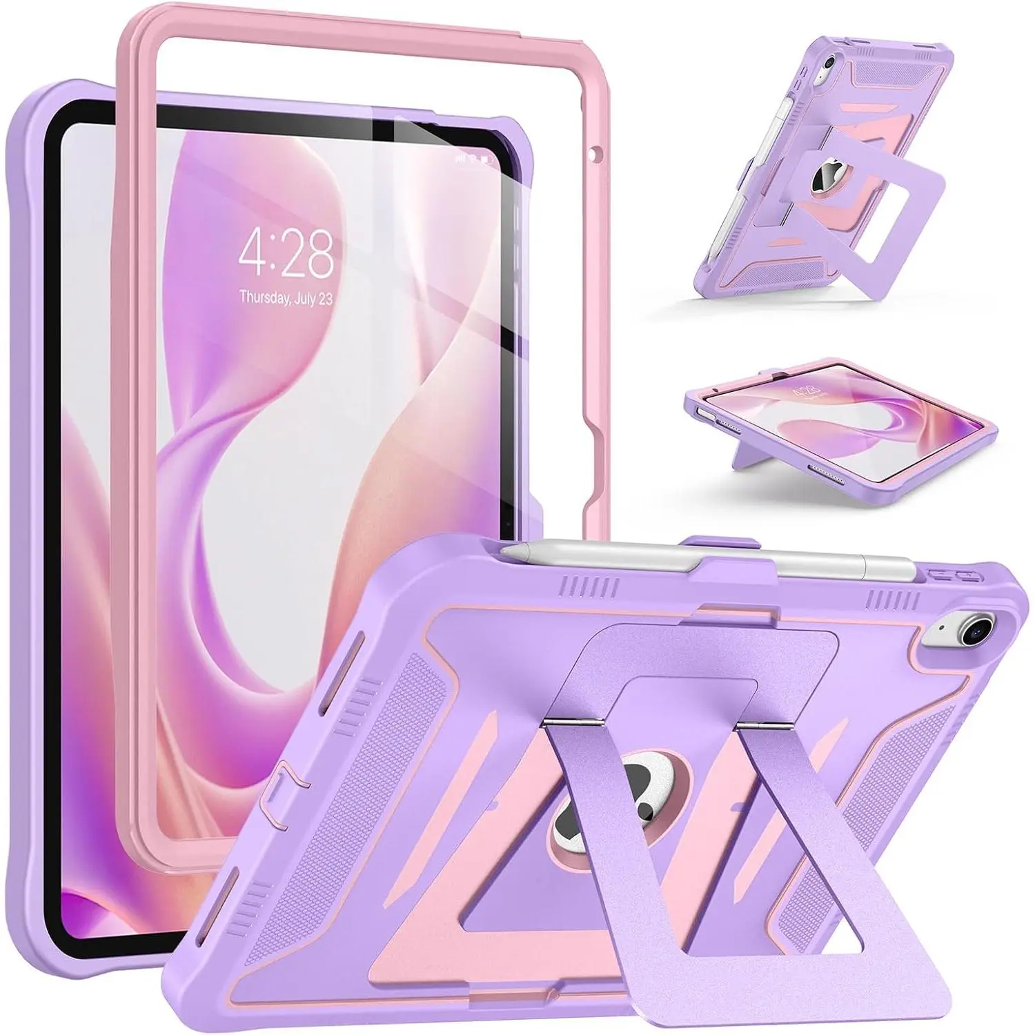 Rugged Case for iPad (A16) & 10th Generation with Screen Protector | Heavy Duty Full- Protective  Kickstand Case with -in Pencil Holder,Vertical Angle,