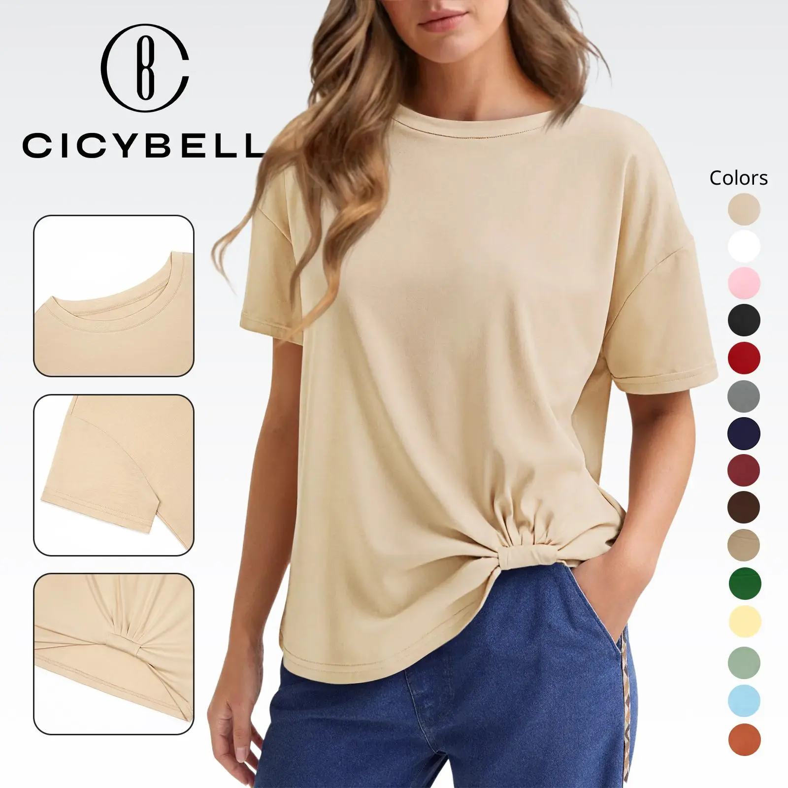 Cicy Bell Womens Summer Short Sleeve Tops Casual Crew Neck T-Shirts Loose Fit Twist Front Basic Tees