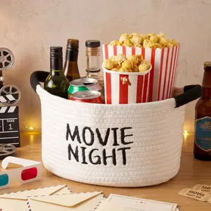 Yungyan Movie Night Supplies Movie Night Snack Trays Basket with Handles Reusable Cotton Rope Bucket Container Storage Gifts for Theater Popcorn Family Room Decor, 11.81 x 7.48 x 6.69 Inches