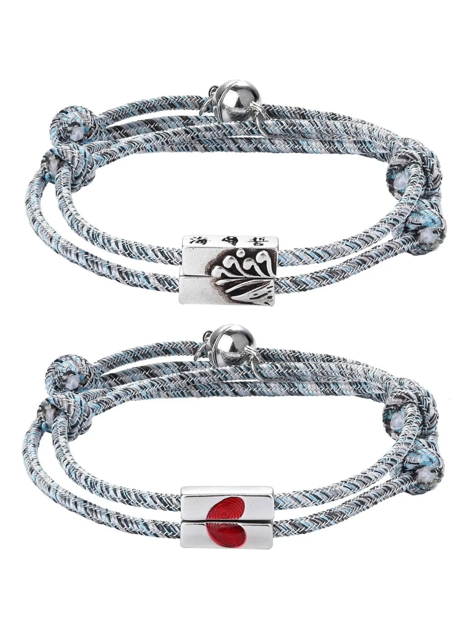 4 Pcs Silvery Romantic Magnetic Interactive Wrist Ornament Set for Couples with Sweet Relationship Symbolism Hand-Braided Cord Couple Bracelet Multipack Polished Copper Yin-Yang Lotus Pendant Charms Complete Matching Wrist Jewelry