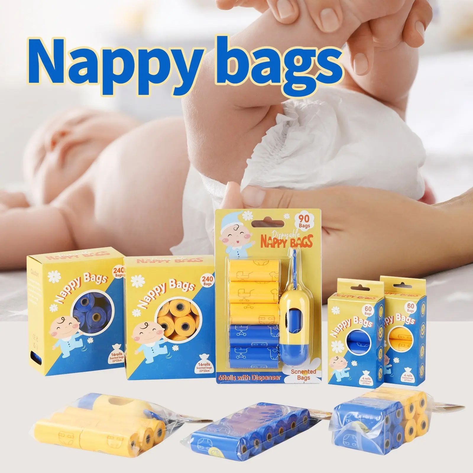 Nappy Sacks, Scented Diaper Bags, Fragranced Nappy Sacks, Travel Diaper Disposal Bags, On-The-Go Newborn Nappy Sack Roll with Dispenser